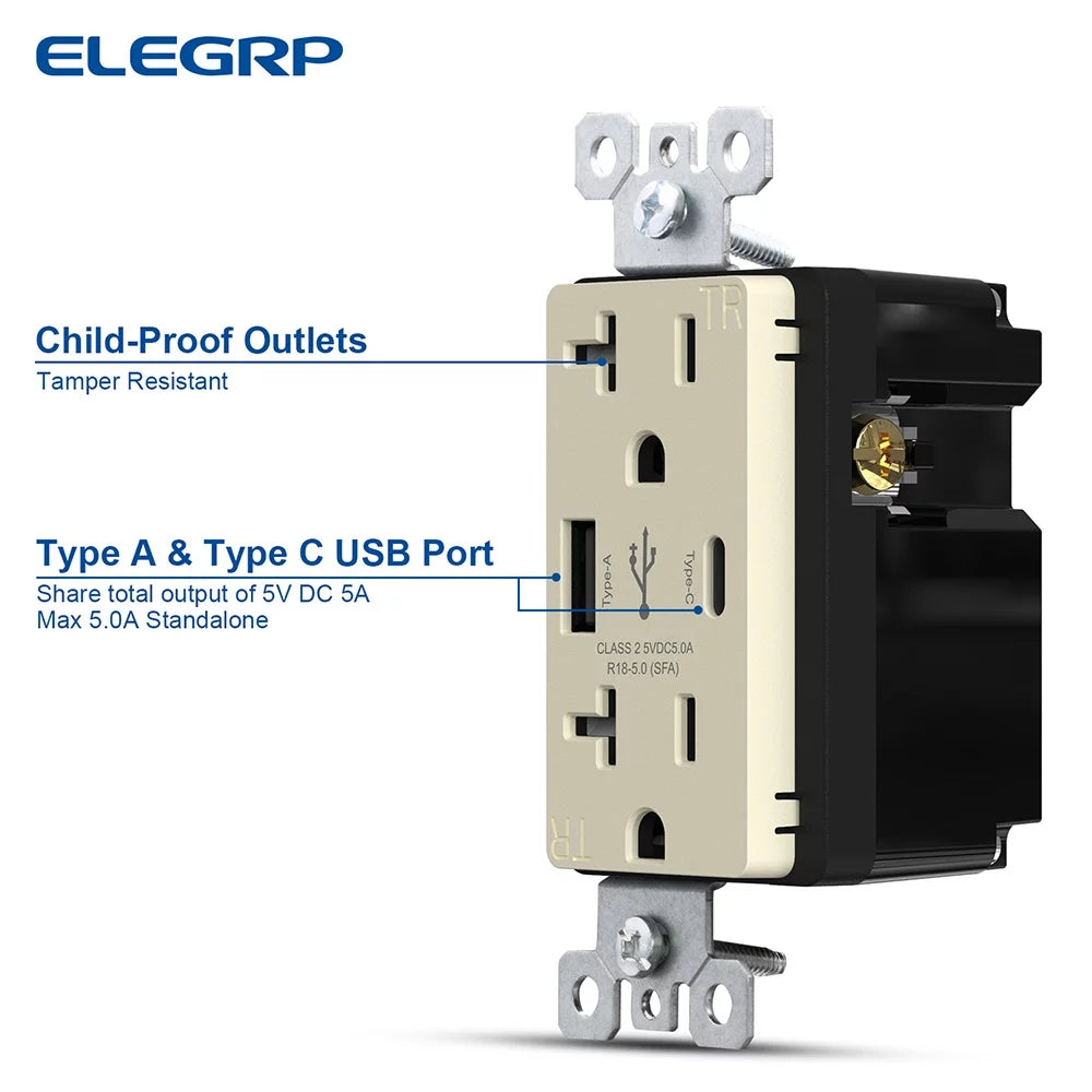 25-Watt 15 Amp Type A and Type C Dual USB Wall Charger with Duplex Tamper Resistant Outlet, Light Almond (2-Pack) A237