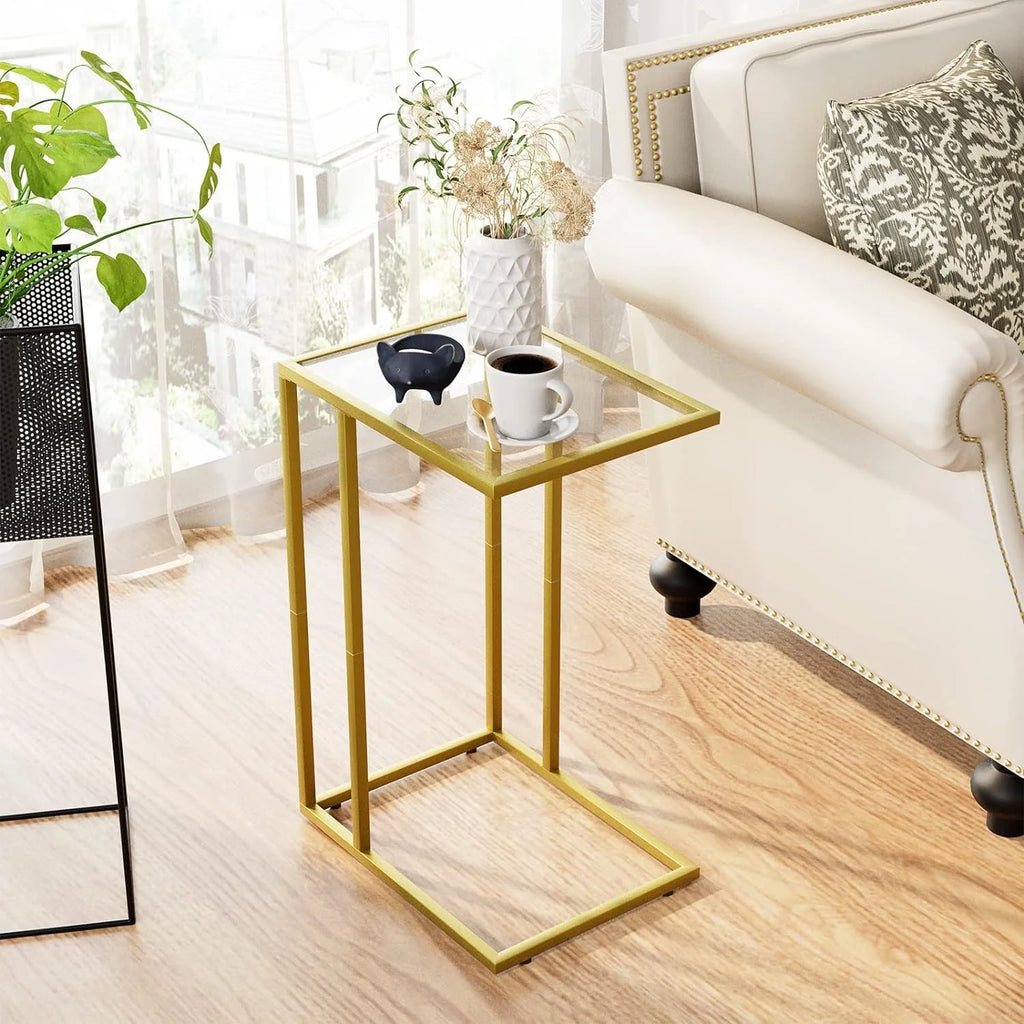 C Shaped Glass End Table with Metal Frame R9501