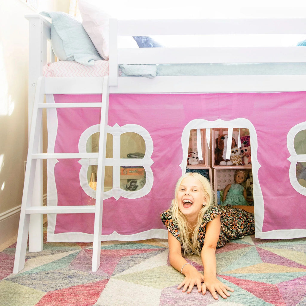 Twin Low Loft Wood Bunk Bed with Slide and Pink Curtain F653