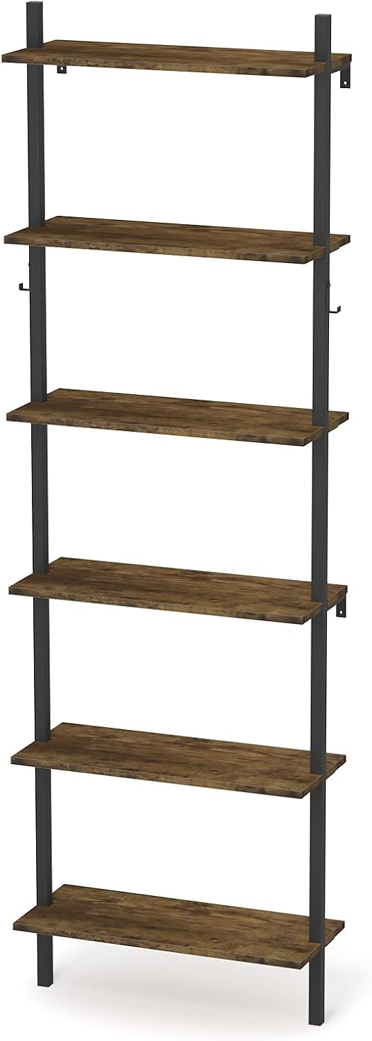 Wall Mounted 6-Tier Open Bookshelf with Hooks I399