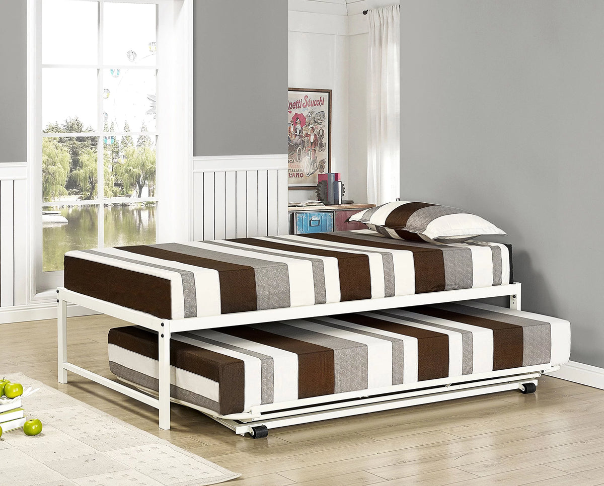 Twin Size White Metal Platform Bed with Pop-up Trundle O971