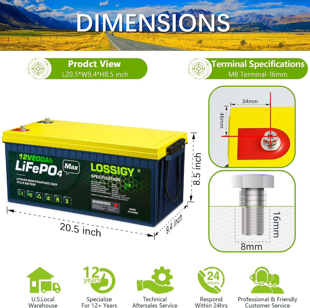 12V 200Ah LiFePO4 Lithium Battery with 100A BMS T586378
