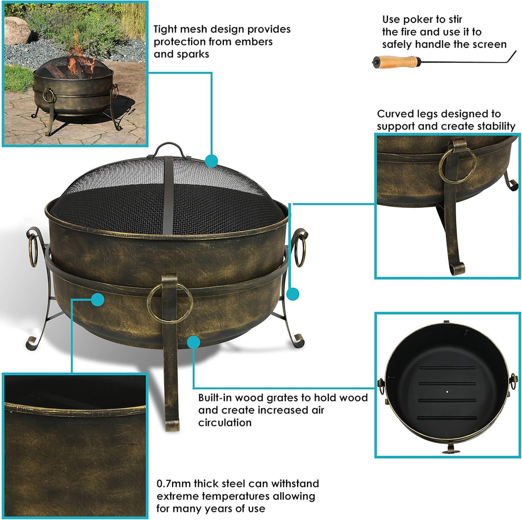 24 Inch Wood Burning Outdoor Fire Pit with Spark Screen and Poker T332