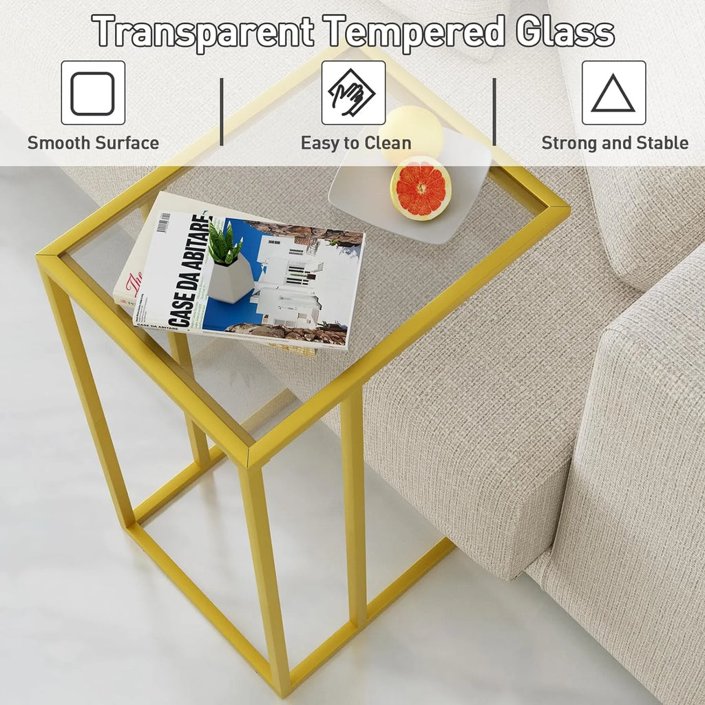 C Shaped Glass End Table with Metal Frame R9501