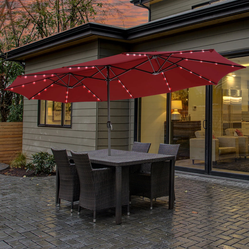 15FT Twin Patio Double-Sided Umbrella with 48 Solar LED Lights H207547
