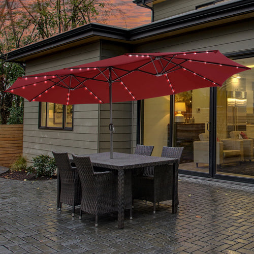 15FT Twin Patio Double-Sided Umbrella with 48 Solar LED Lights H207547