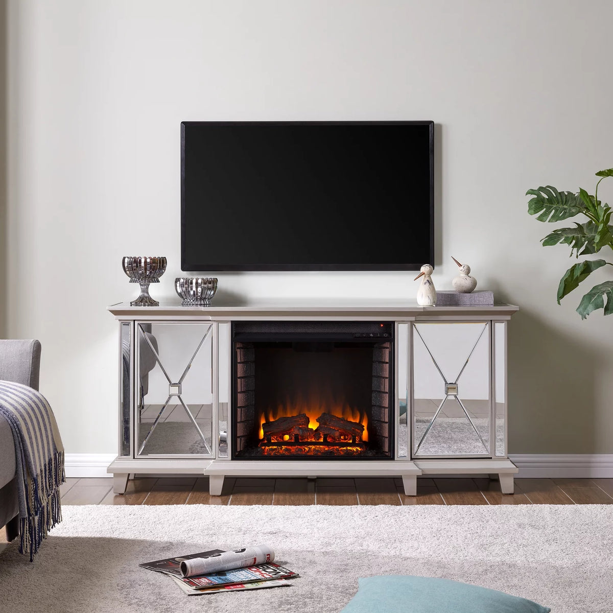 Mirrored Electric Fireplace Media Console B705