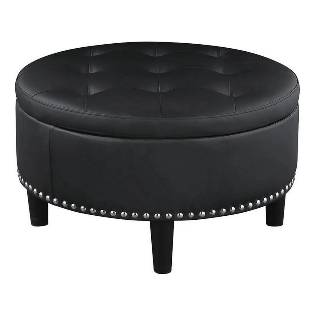 30 Inch Round Black Faux Leather Storage Ottoman C9892