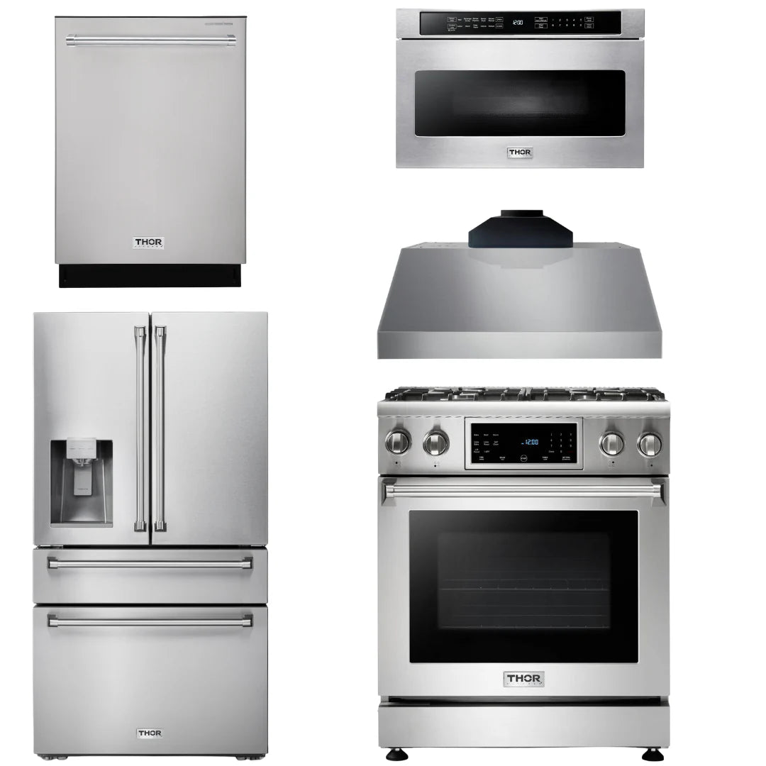 30 In. Propane Gas Range, Range Hood, Microwave Drawer, Refrigerator, Dishwasher B38003