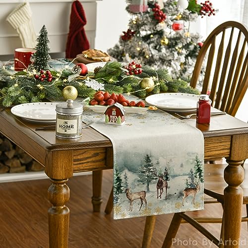 Watercolor Deer Trees Snowflakes Christmas Table Runner 13 x 72 Inch V613598