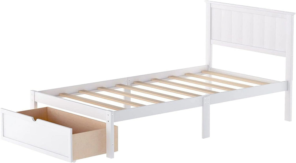White Wood Bed with Drawers and Headboard L23428