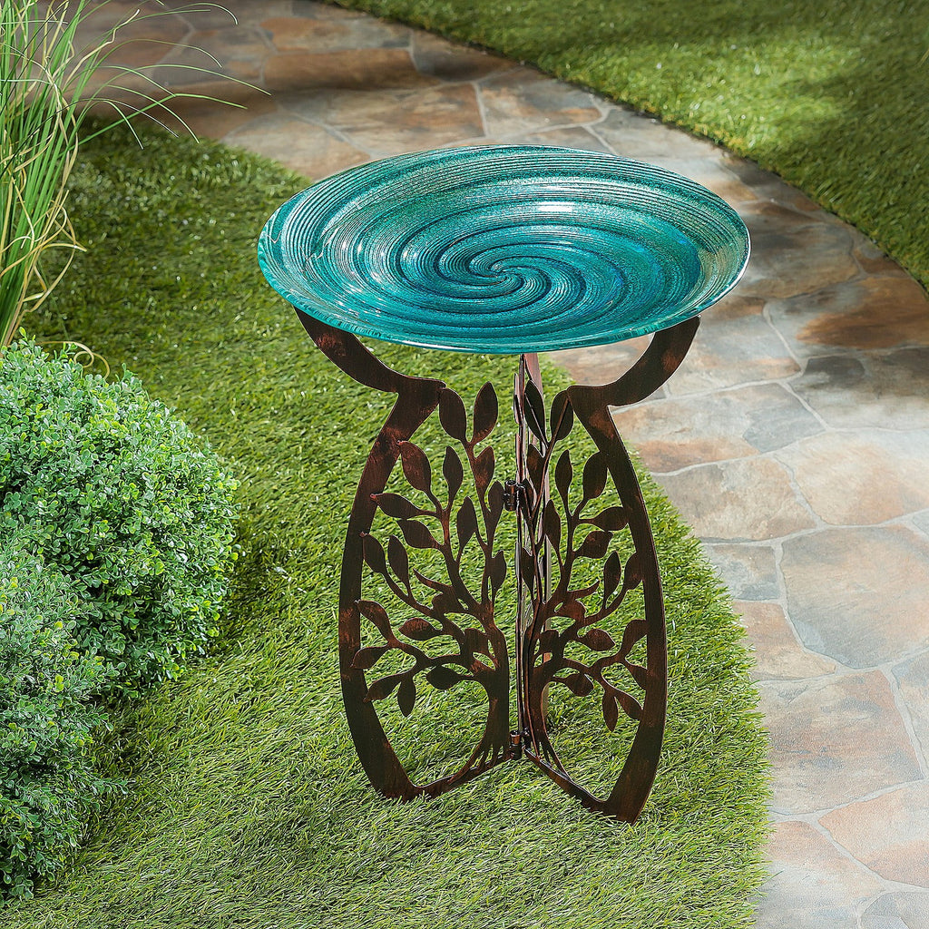 Laser Cut Bird Bath Stand and Glass Embossed Bird Bath Set R88538