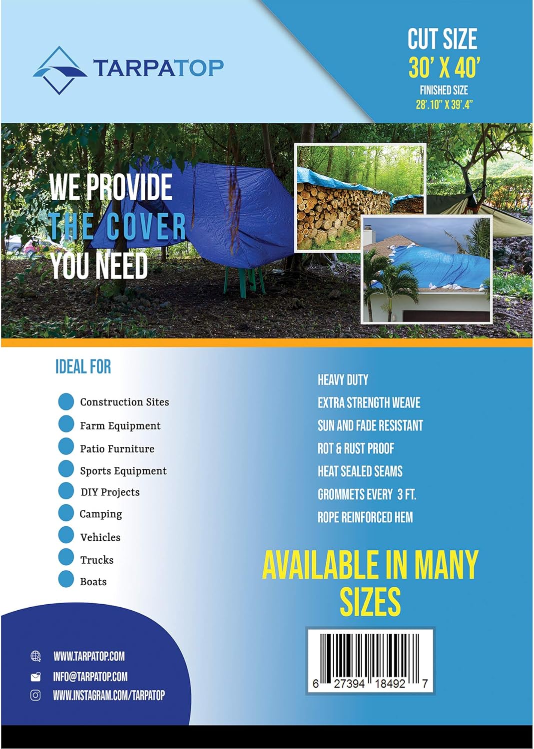 30X40 Waterproof Multi-Purpose Poly Tarp Blue T981