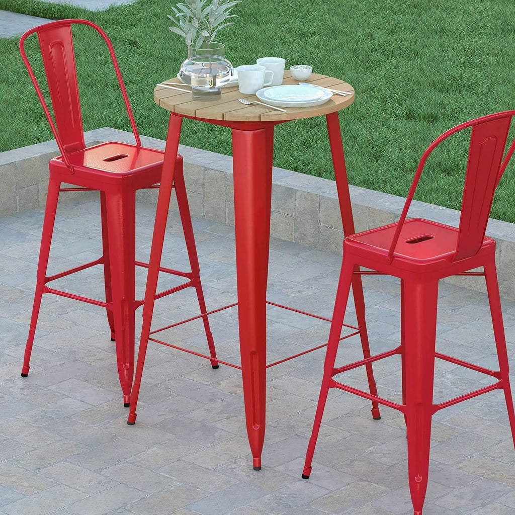Indoor/Outdoor Bar Top Table Brown Resin Top Red Steel Base L5519
