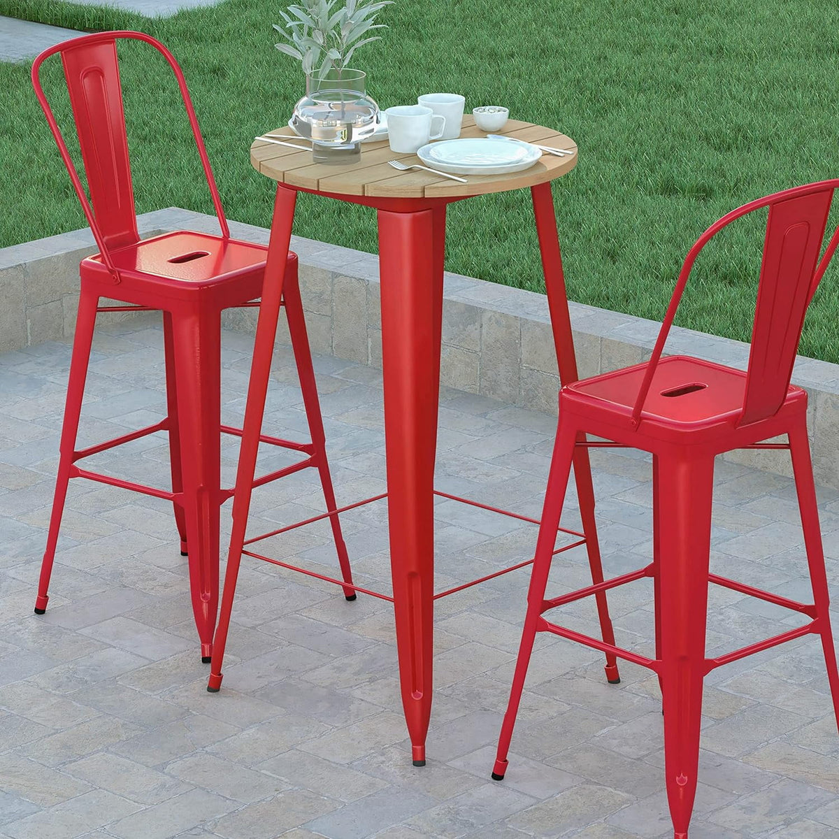 Indoor/Outdoor Bar Top Table Brown Resin Top Red Steel Base L5519