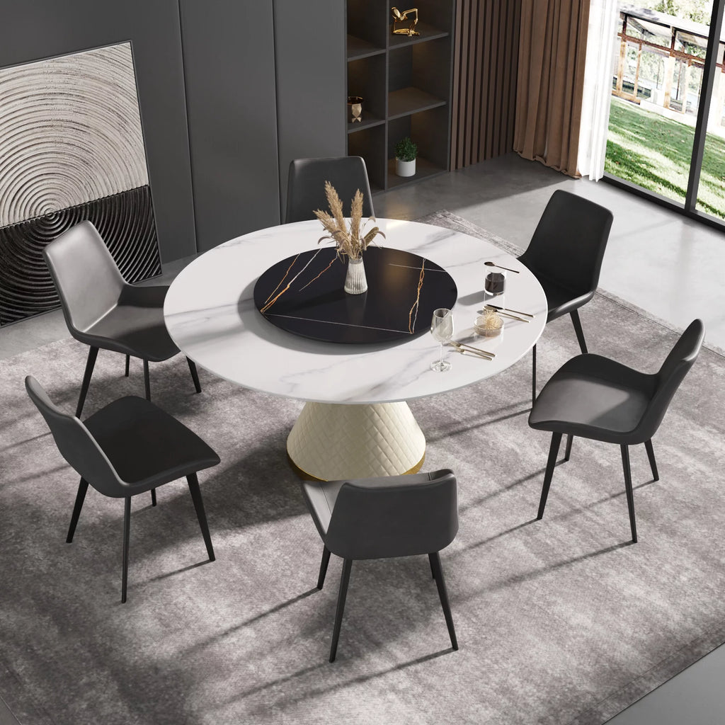 White Sintered Stone Round Dining Table with Black Slate Turntable Q427708
