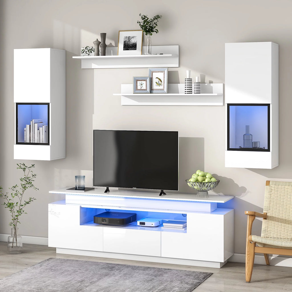 White High Gloss Wall Mounted TV Stand with LED Light Strips C9299