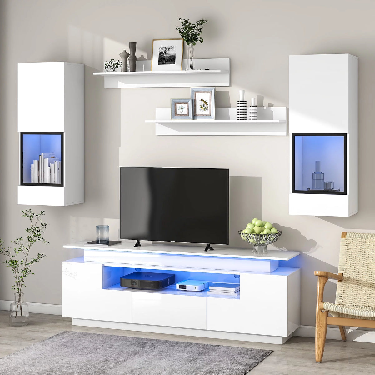 White High Gloss Wall Mounted TV Stand with LED Light Strips C9299