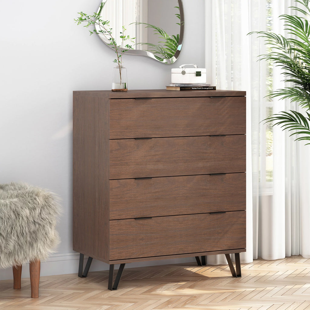 Walnut and Matte Black 4 Drawer Faux Wood Dresser B73259