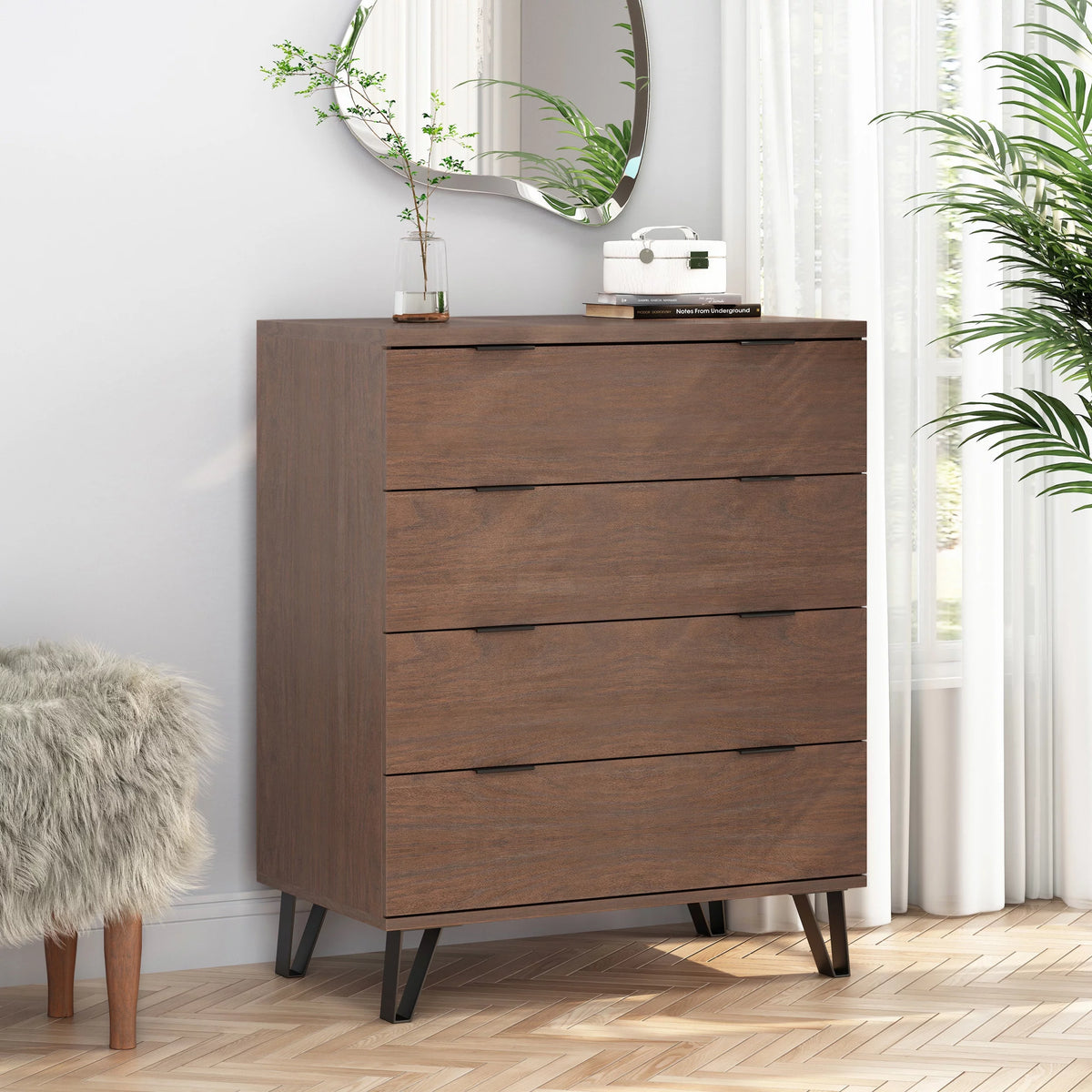 Walnut and Matte Black 4 Drawer Faux Wood Dresser B73259