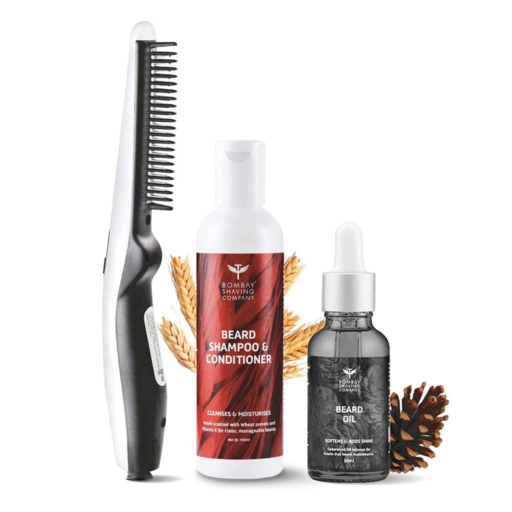 3-in-1 Beard Straightener Kit with Beard Oil, Shampoo & Conditioner K12453