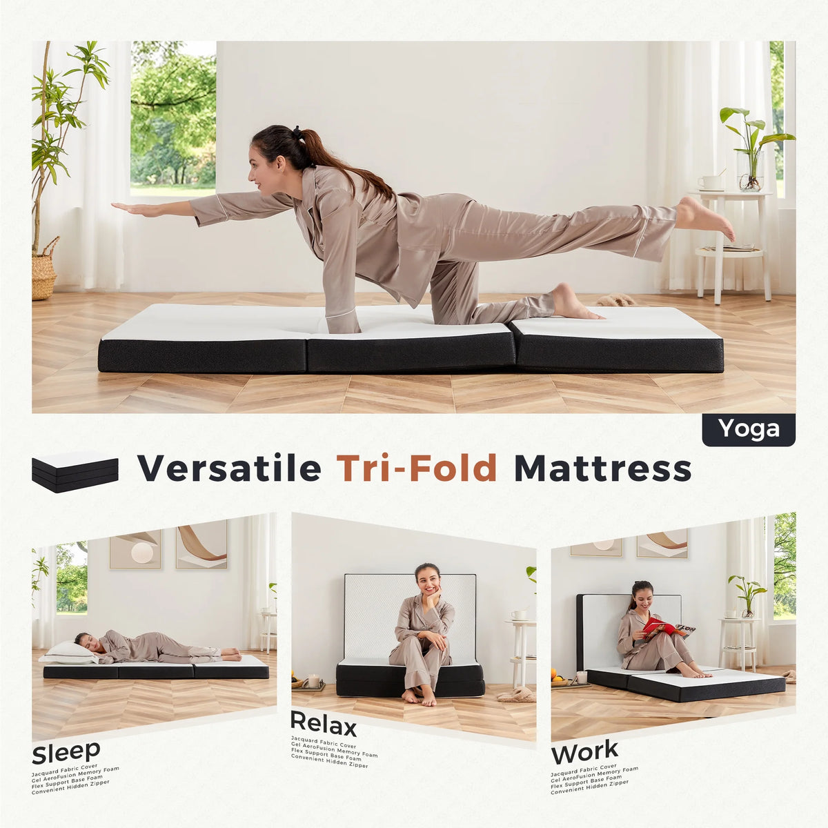 4 inch Tri-fold Memory Foam Mattress Topper, Twin Size, White J9185