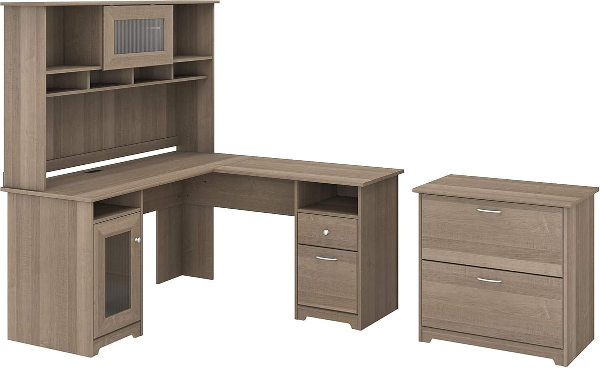 L Shape Desk with Hutch and Lateral File, Ash Gray O540559