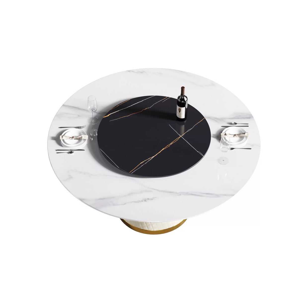White Sintered Stone Round Dining Table with Black Slate Turntable Q427708
