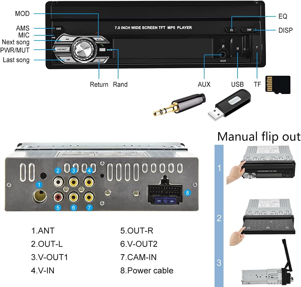 Single Din Car Stereo with CarPlay Android Auto Bluetooth Backup Camera 7” Flip Out Touch Screen Z378
