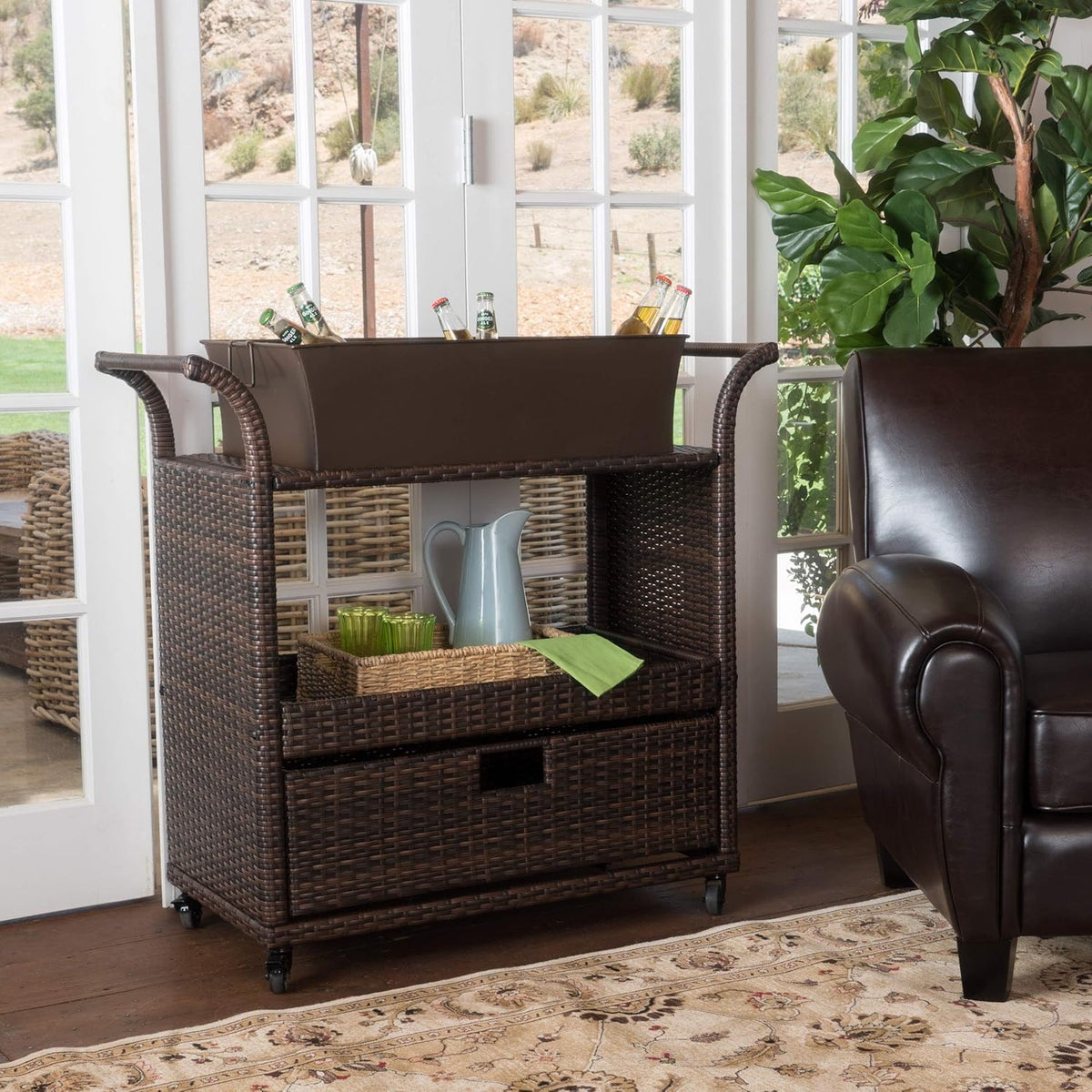 Indoor Wicker Bar Cart O7527