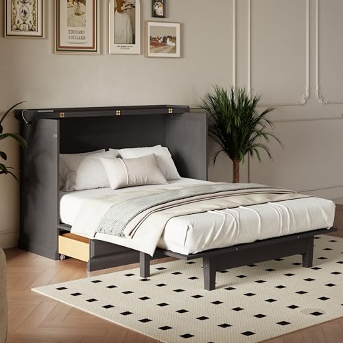 Queen Size Solid Pine Murphy Bed with Charging Station and Storage Drawer N6316