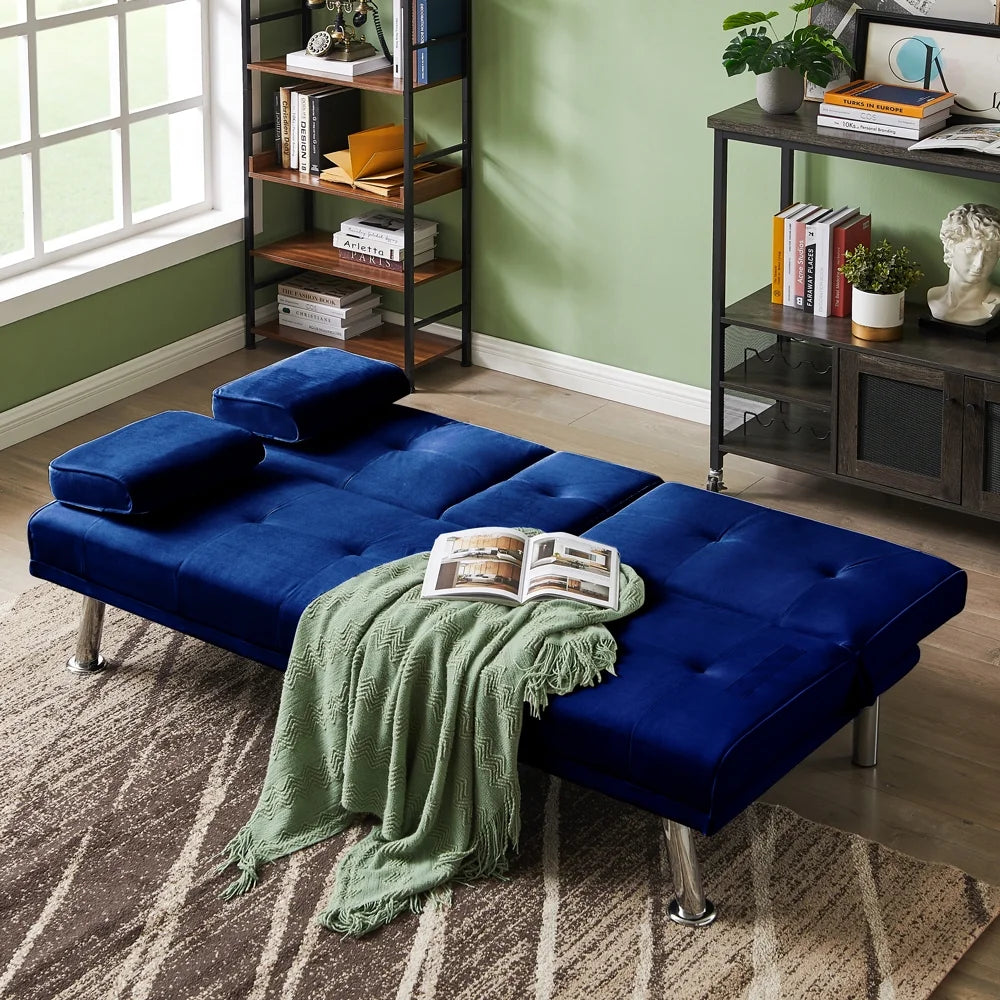 Blue Velvet Convertible Futon Sofa Bed with Cupholders W40486