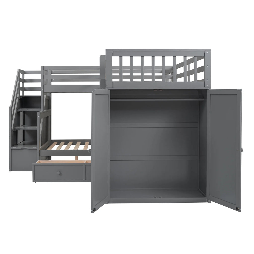 Twin-Twin Over Full L-Shaped Bunk Bed with Wardrobe and Desk J1258