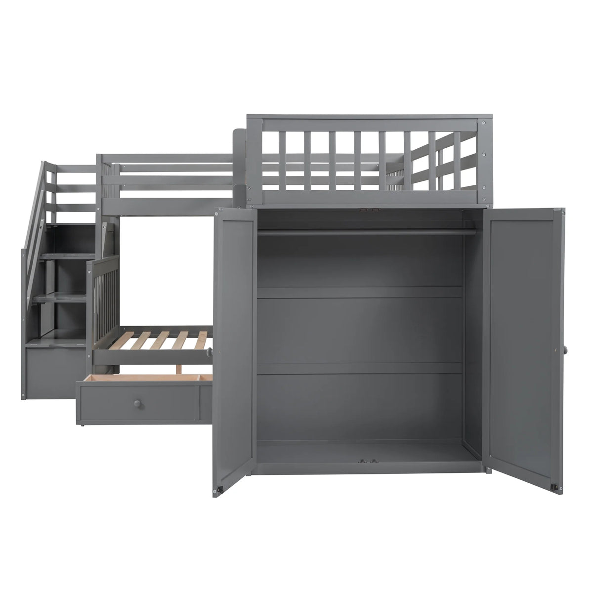 Twin-Twin Over Full L-Shaped Bunk Bed with Wardrobe and Desk J1258