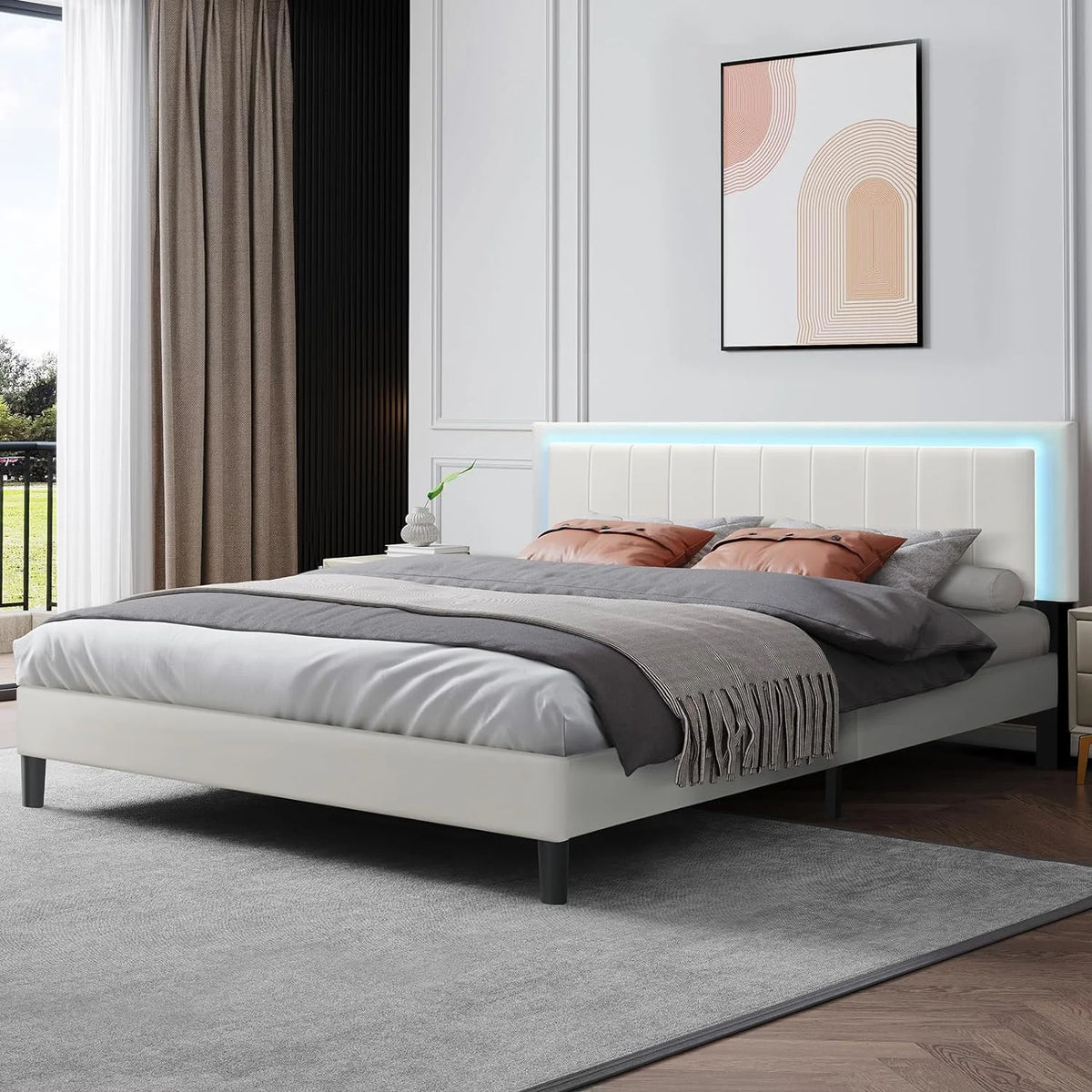 White King Size Upholstered Bed Frame with Faux Leather Headboard U86941
