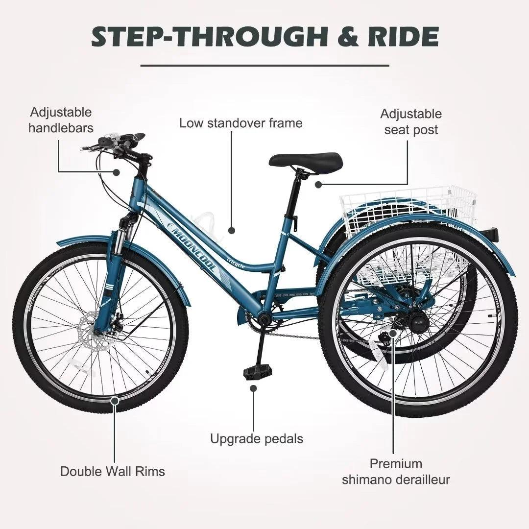 Adult Mountain Tricycle 27.5 Tire Three Wheel Cruiser Bike with Shopping Basket R958308