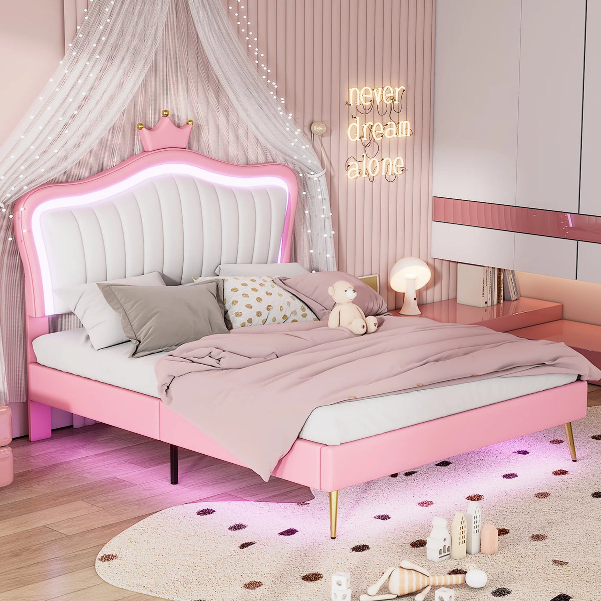 Queen Size Upholstered Bed Frame with LED Lights P4272