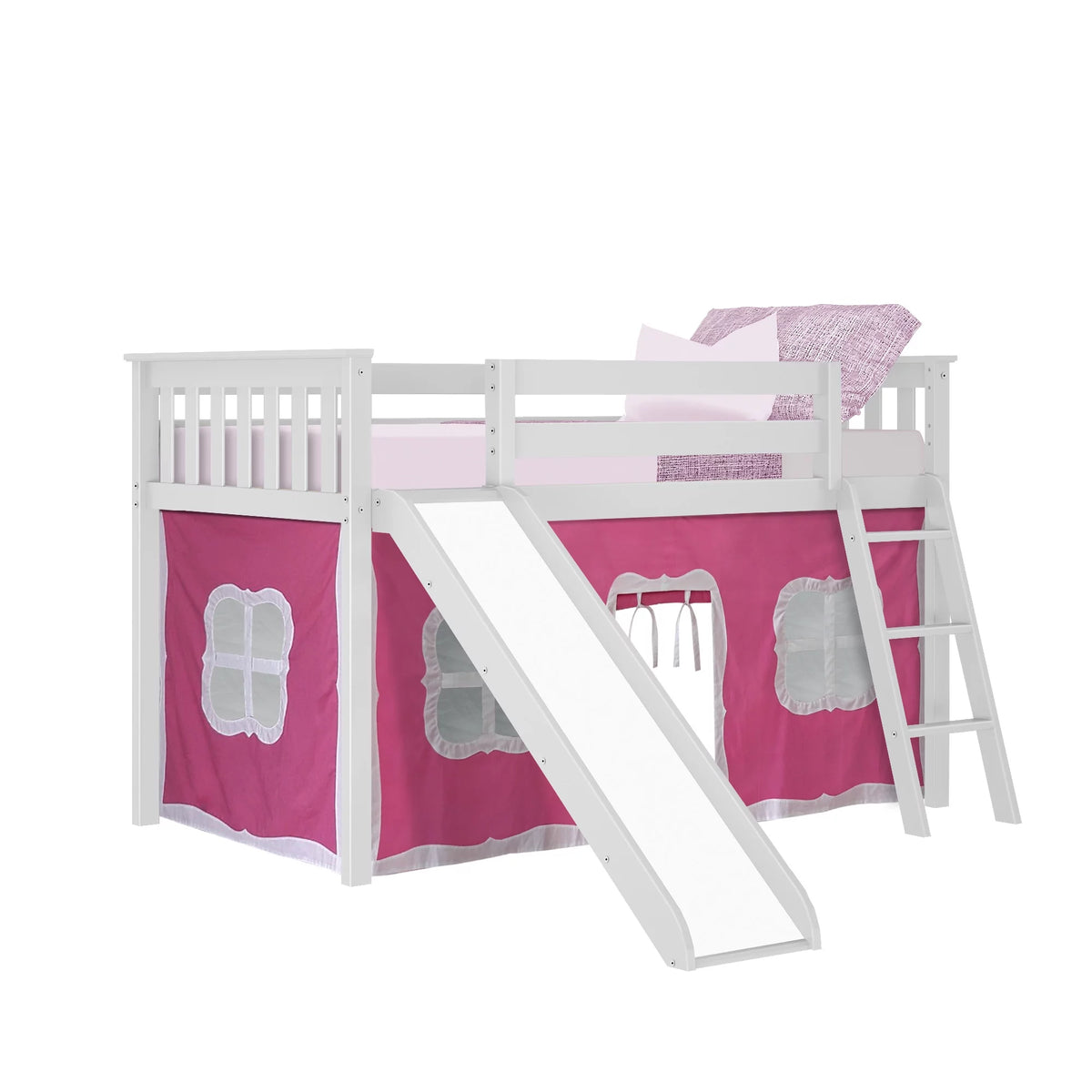 Twin Low Loft Wood Bunk Bed with Slide and Pink Curtain F653