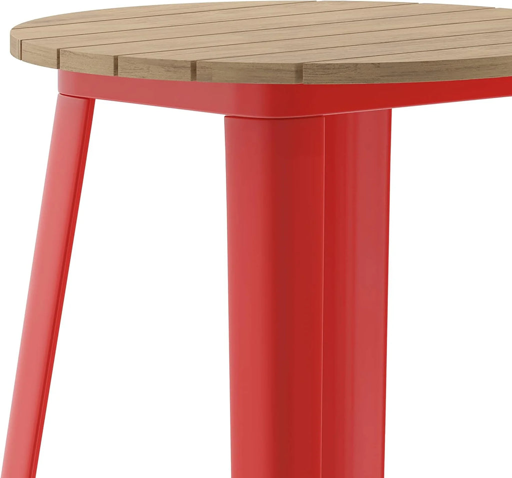 Indoor/Outdoor Bar Top Table Brown Resin Top Red Steel Base L5519
