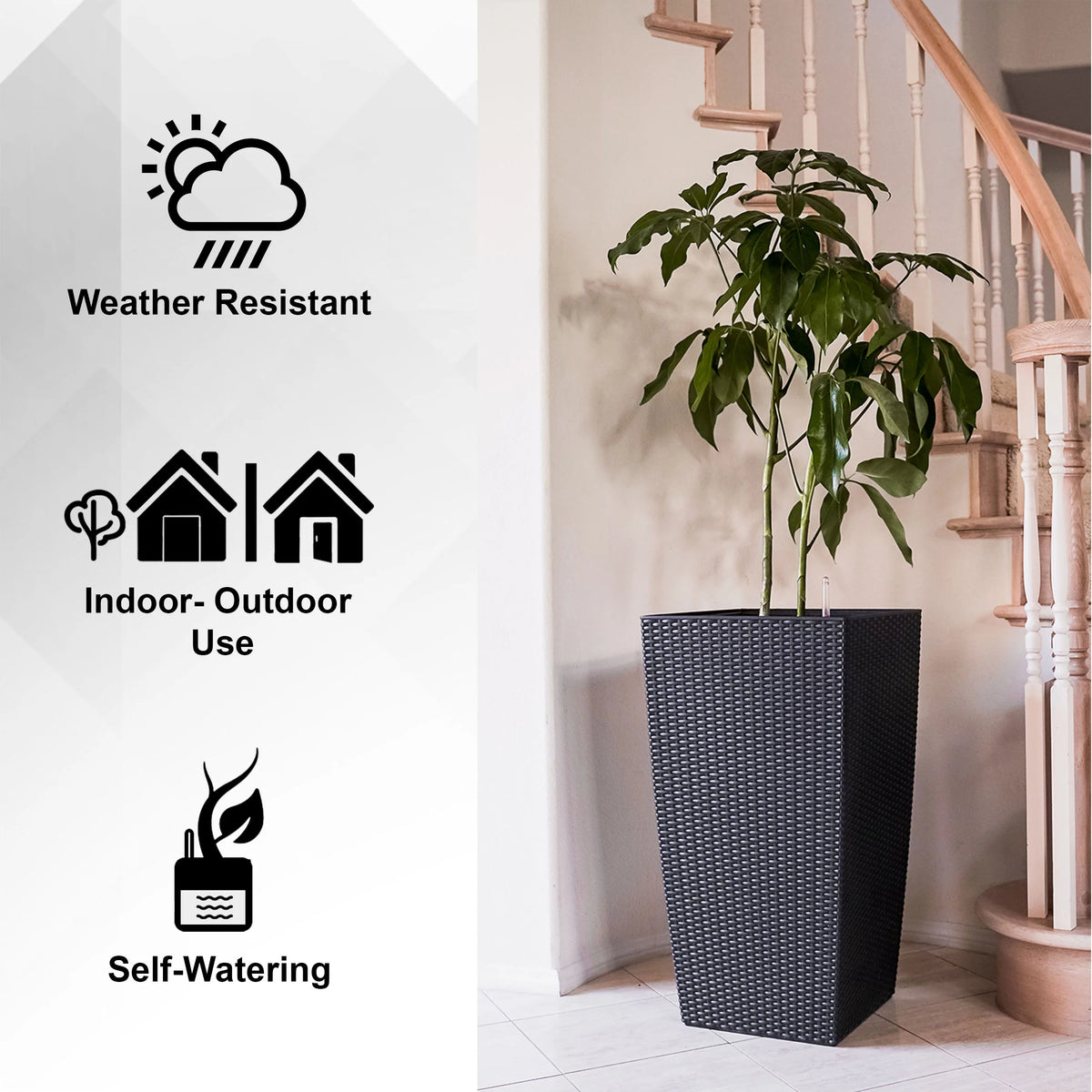 30" Black Rattan Self Watering Square Planter Pot C563