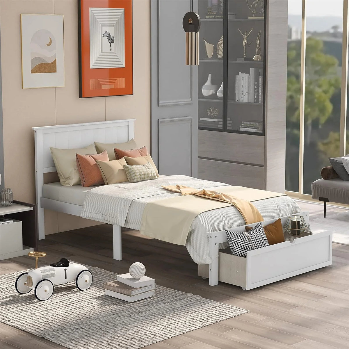 White Wood Bed with Drawers and Headboard L23428