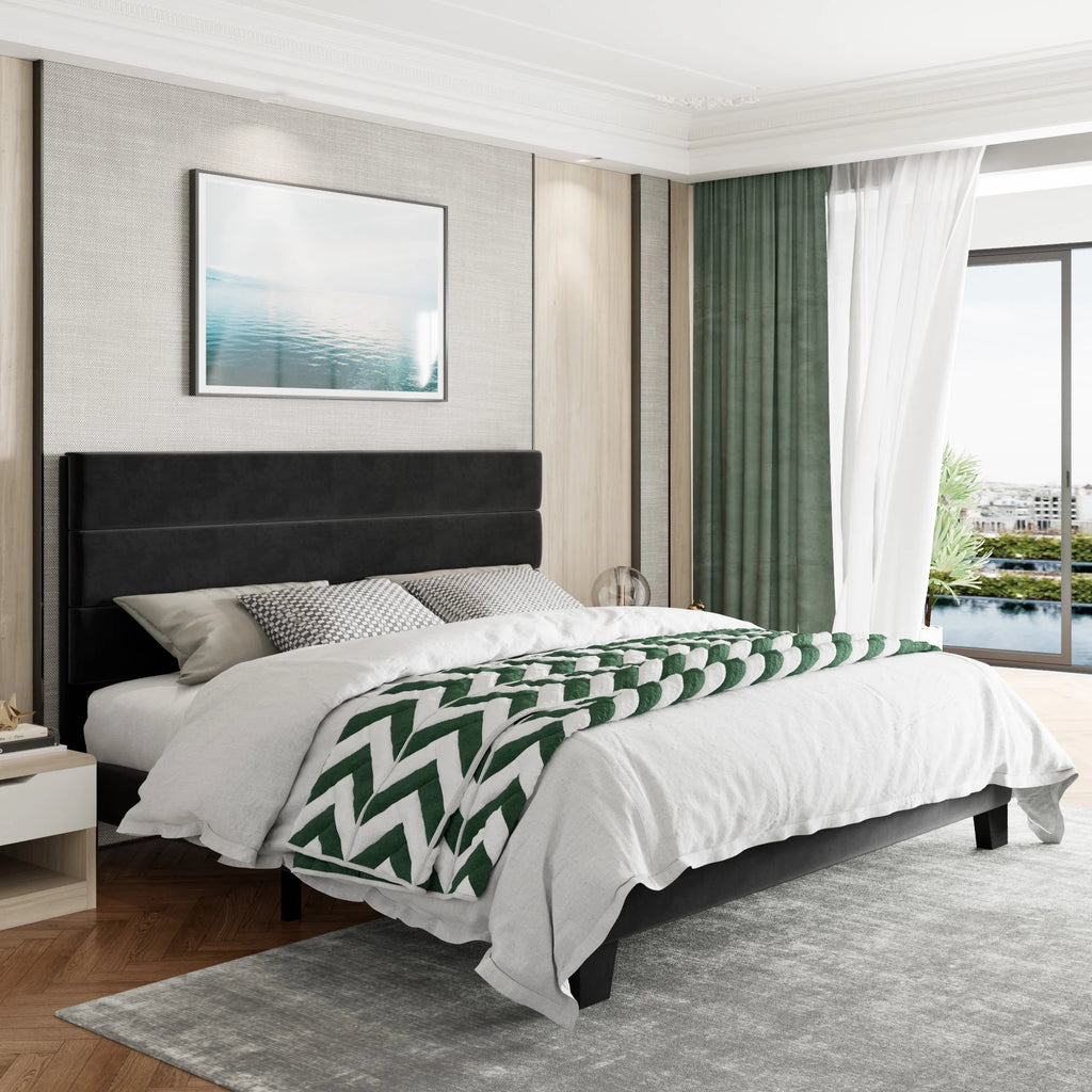 Full Size Platform Bed Frame with Upholstered Fabric Headboard W784872