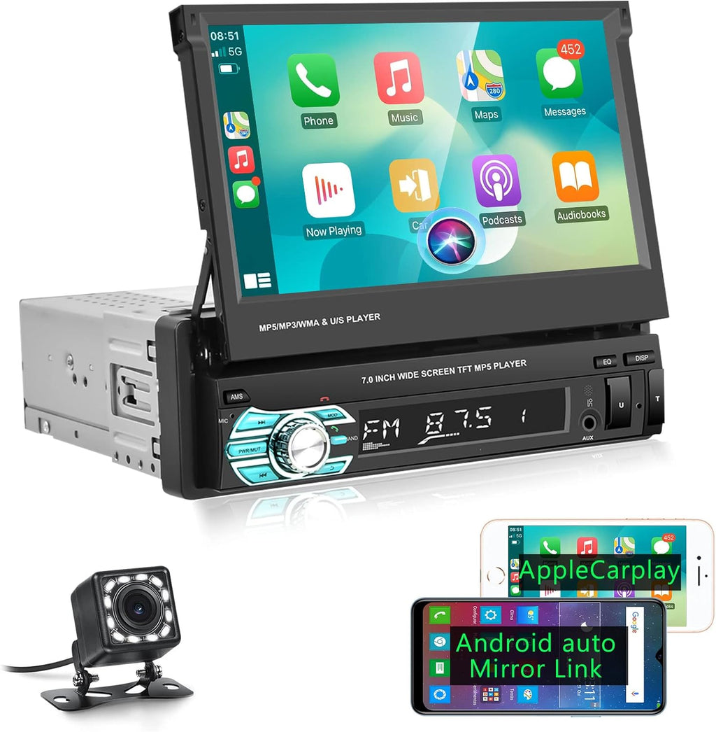 Single Din Car Stereo with CarPlay Android Auto Bluetooth Backup Camera 7” Flip Out Touch Screen Z378
