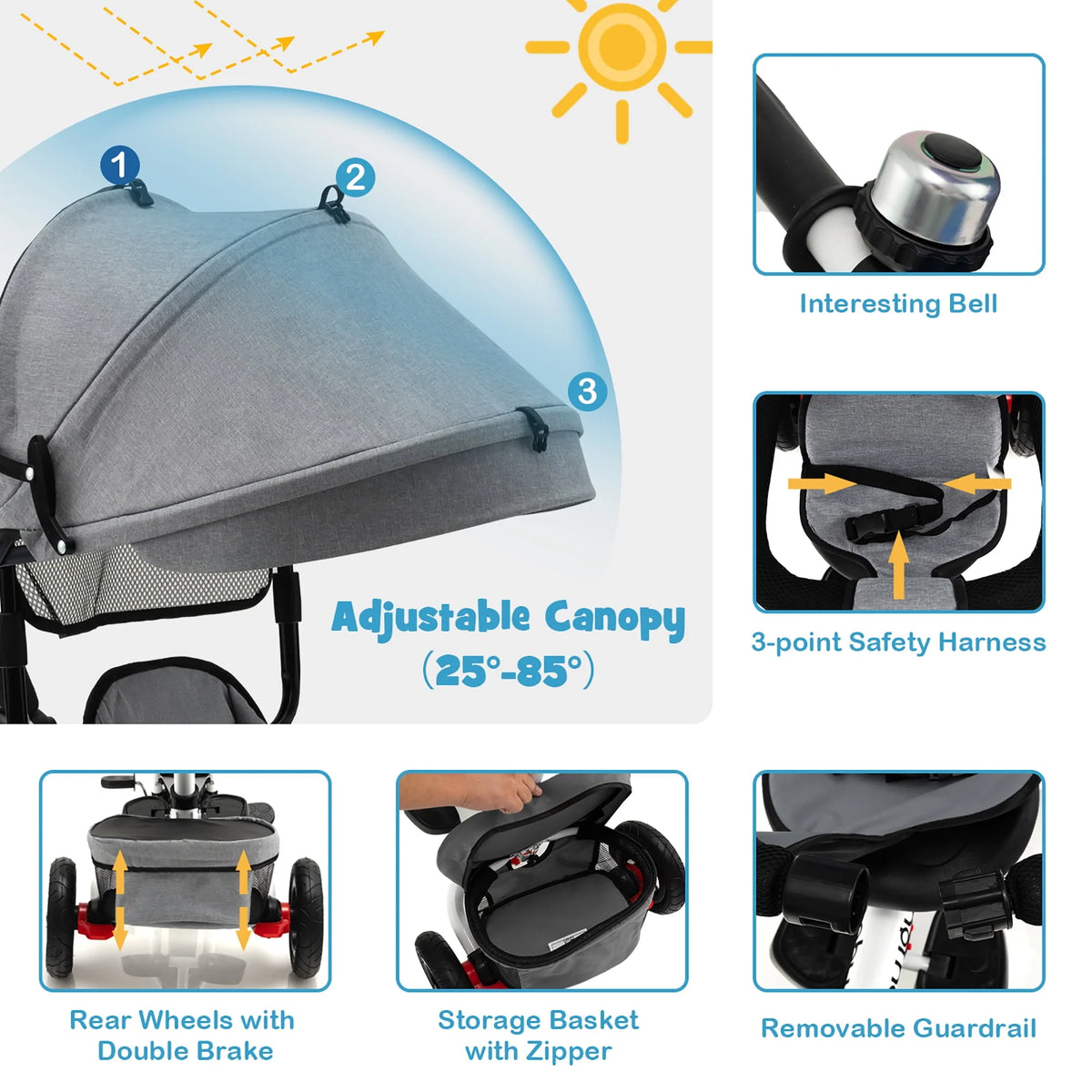 Folding Toddler Tricycle with Reversible Seat and Adjustable Canopy P374908