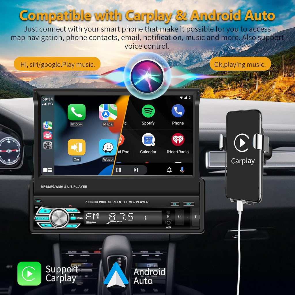 Single Din Car Stereo with CarPlay Android Auto Bluetooth Backup Camera 7” Flip Out Touch Screen Z378