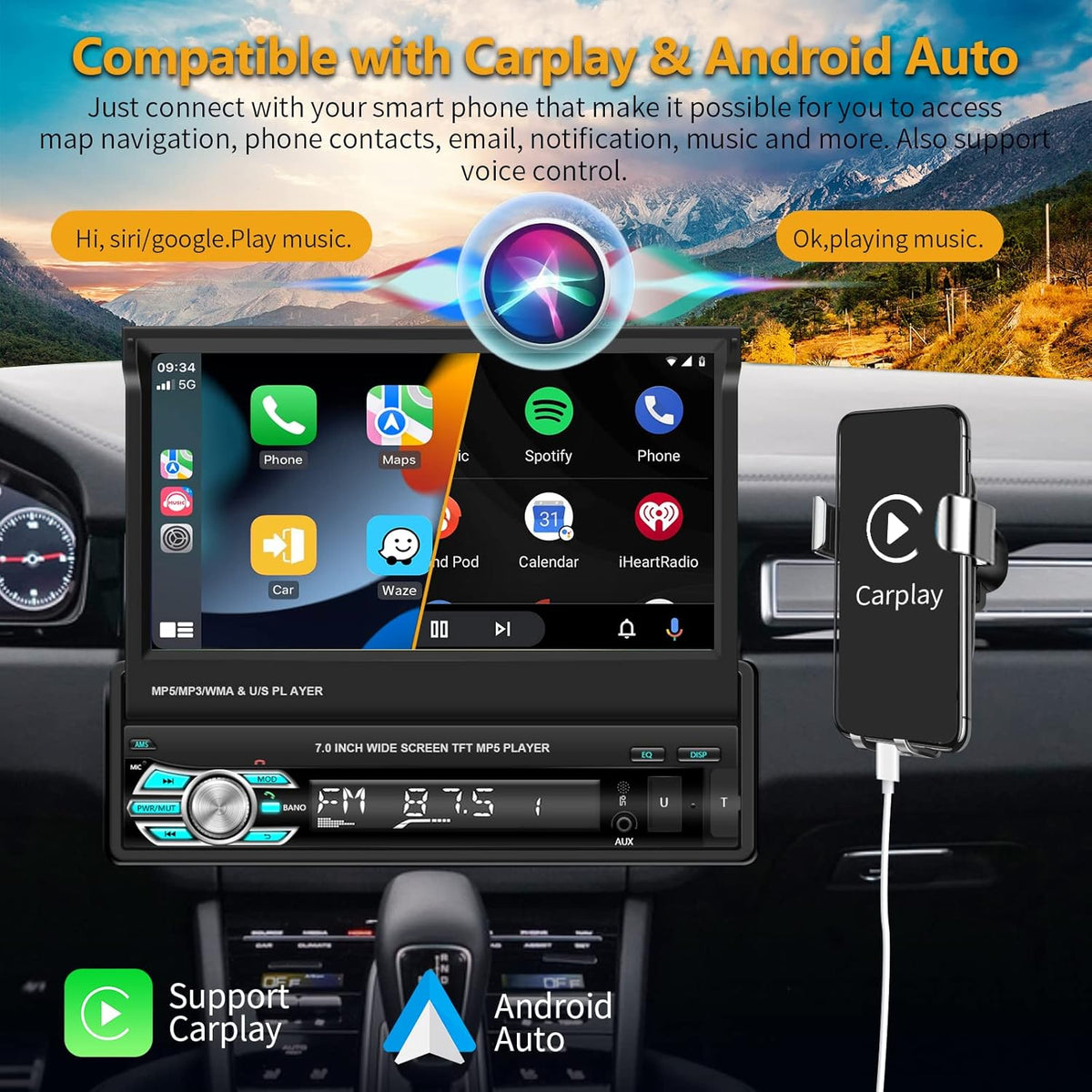 Single Din Car Stereo with CarPlay Android Auto Bluetooth Backup Camera 7” Flip Out Touch Screen Z378