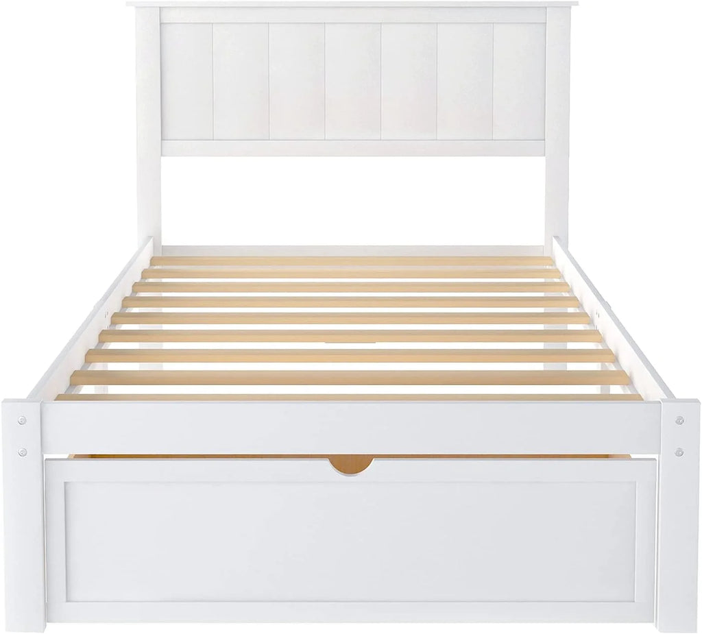 White Wood Bed with Drawers and Headboard L23428