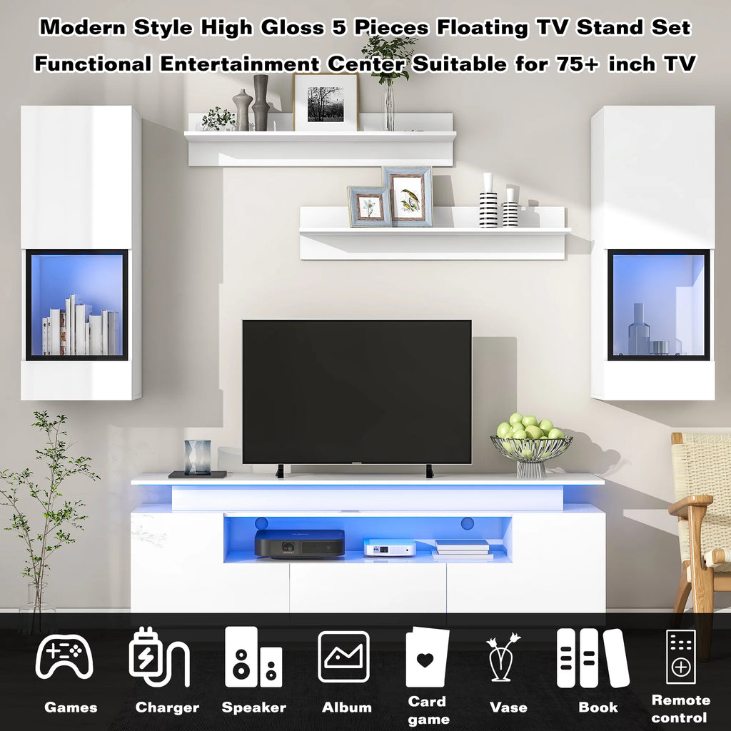White High Gloss Wall Mounted TV Stand with LED Light Strips C9299