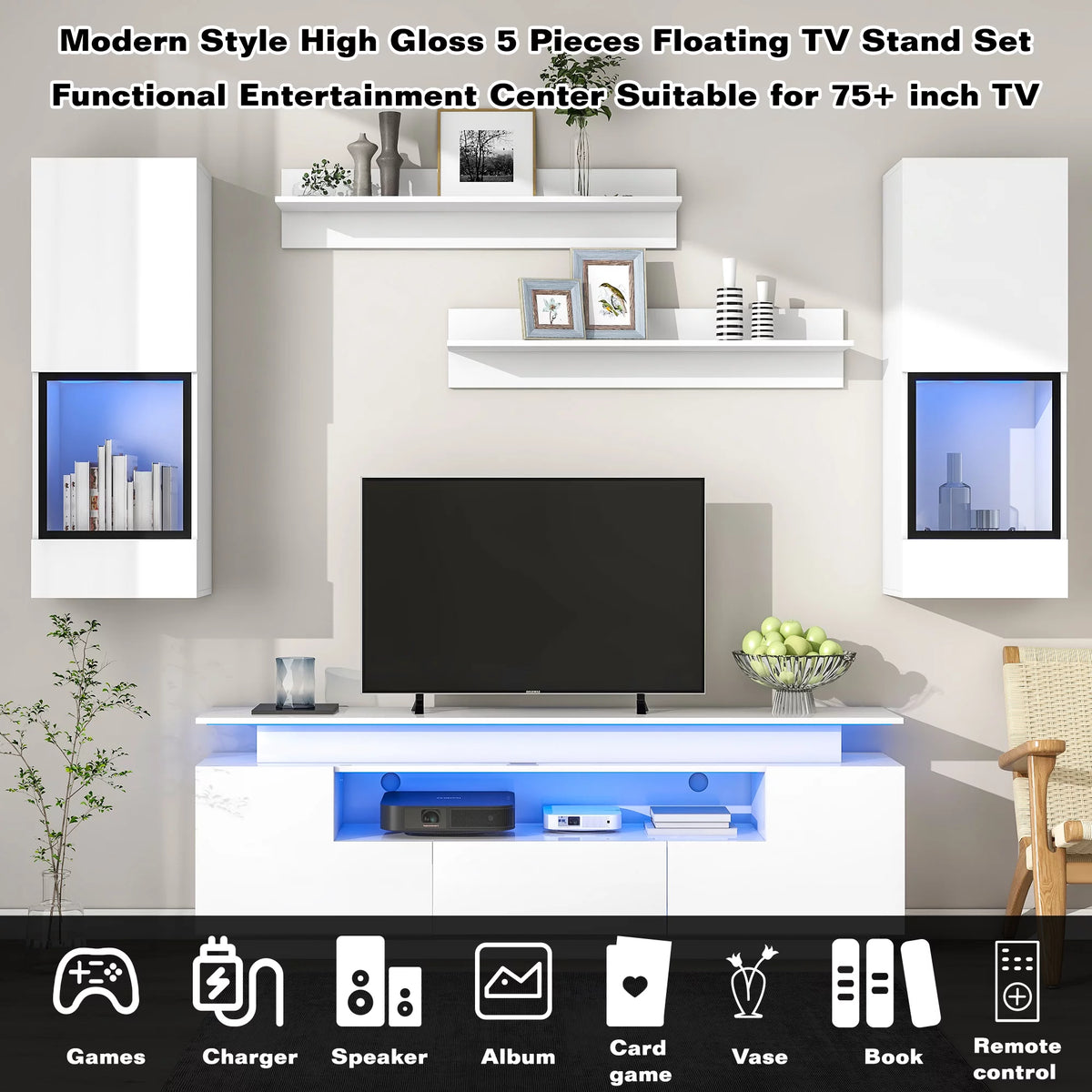 White High Gloss Wall Mounted TV Stand with LED Light Strips C9299