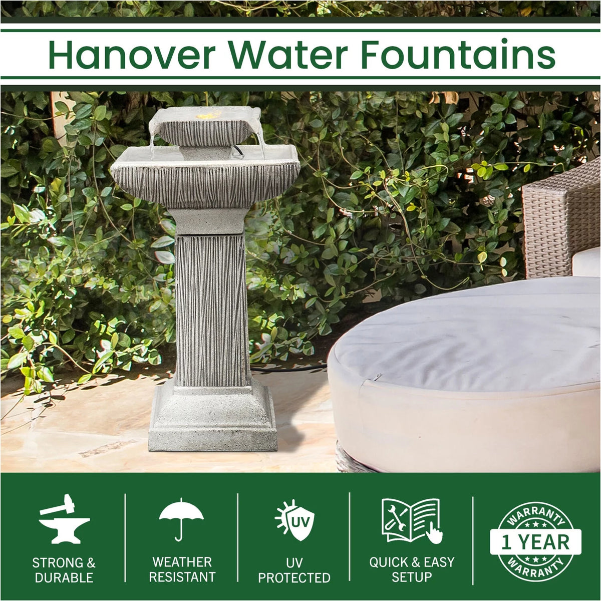 26-In. 2-Tier Pedestal Indoor or Outdoor Garden Fountain with LED Lights Q21983